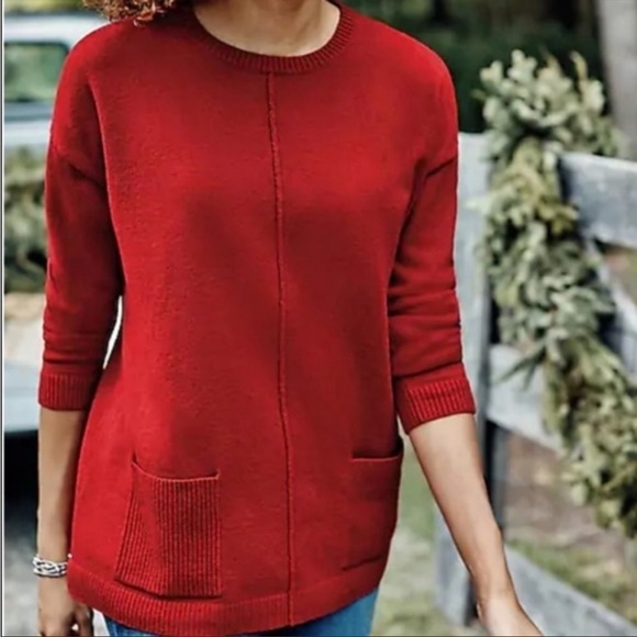 J. Jill Ribbed Pocket Crewneck Sweater Pullover Ruby Red Size Small Petite - Picture 1 of 10